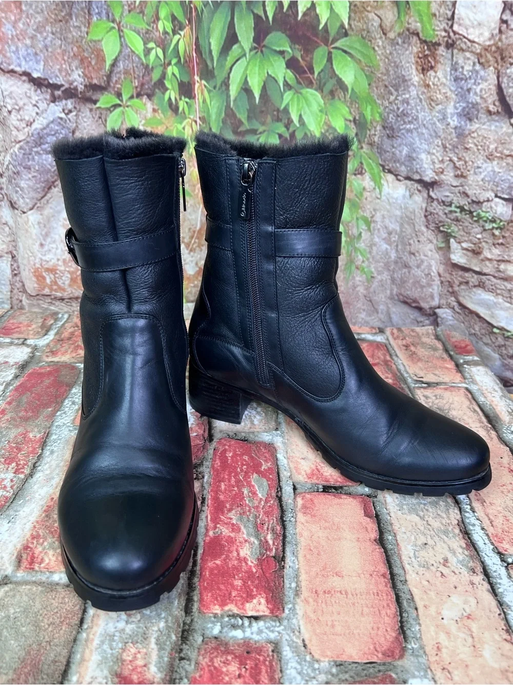 BLONDO Black Leather AquaProtect Shearling Lined Waterproof Block Heel Boots, 9M